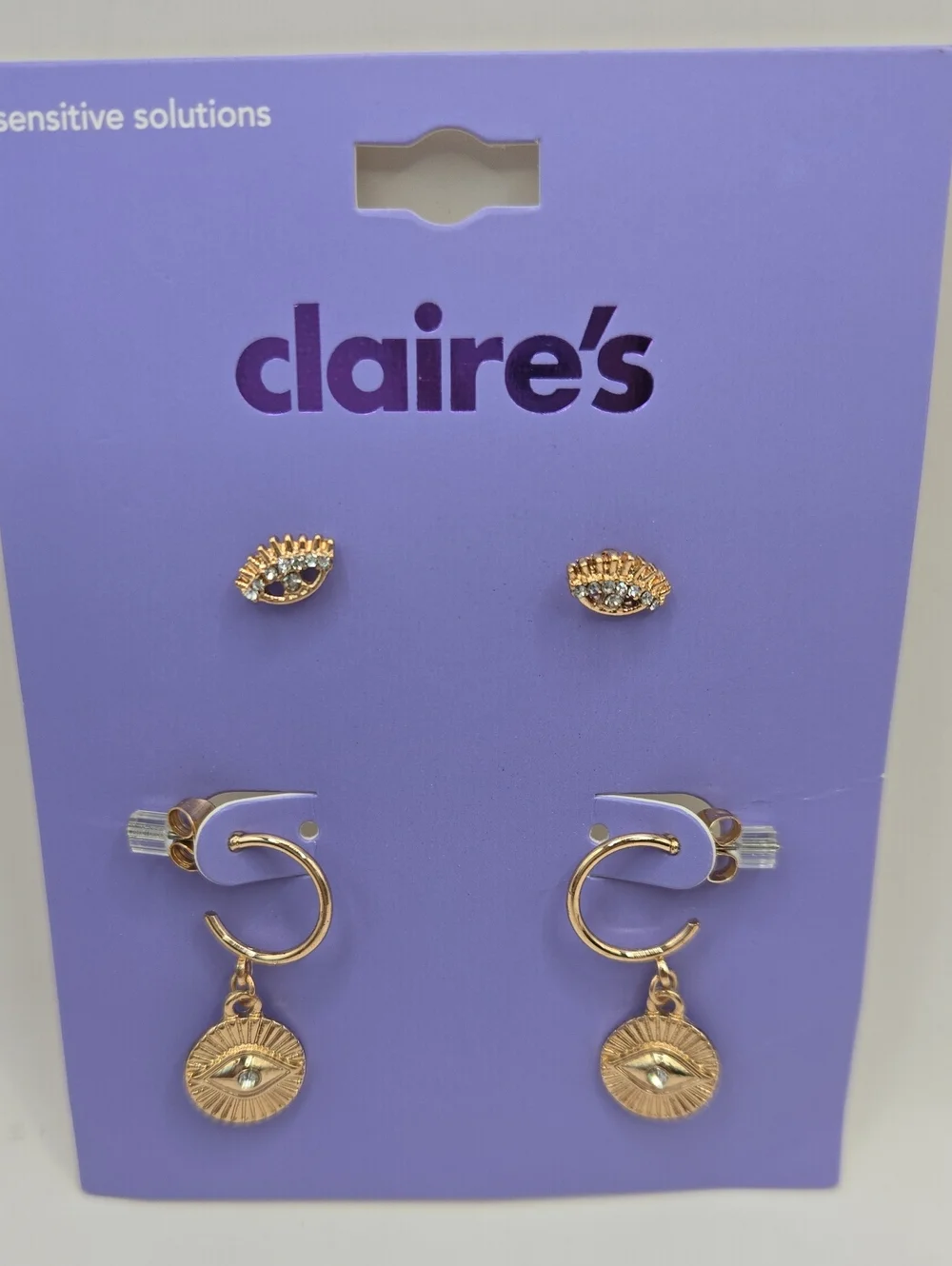 NEW Claire's Gold Eye Stud and Hoop Drop Earring Set - Gold